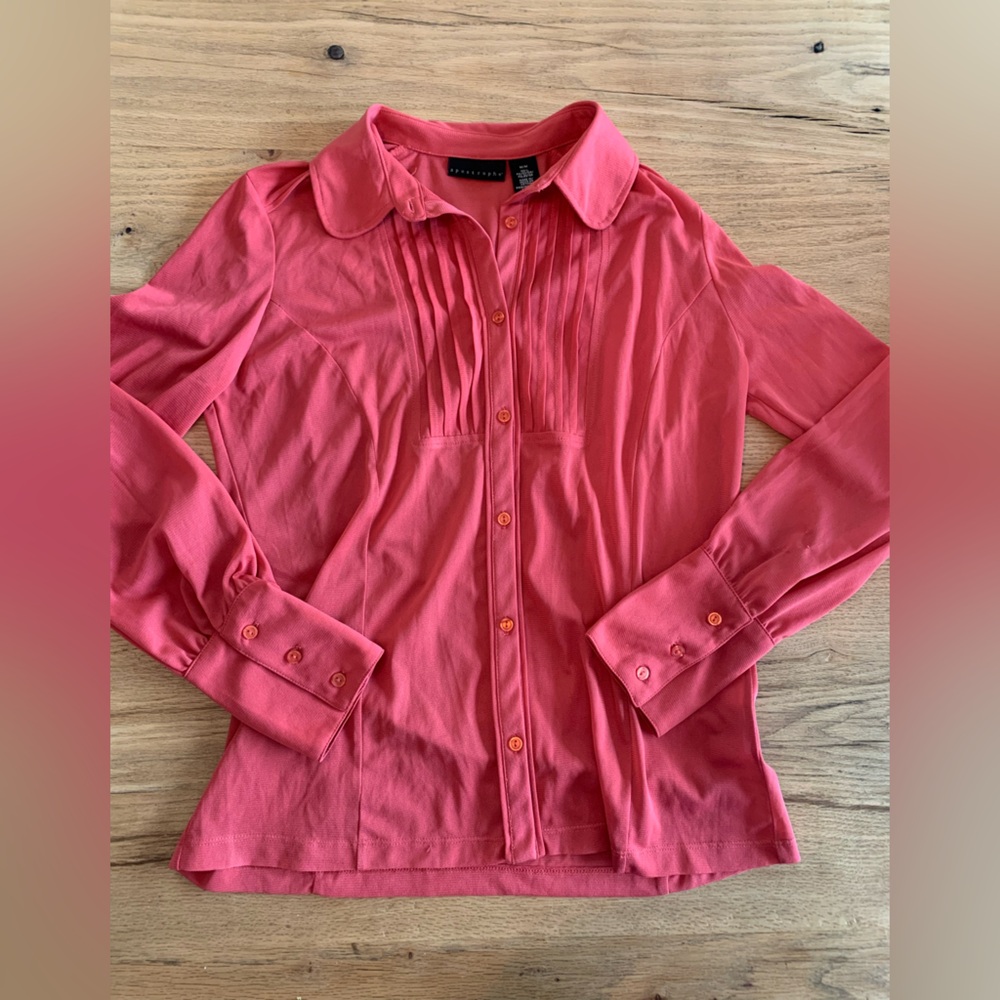 Apostrophe Sheer‎ Pleated Button Up Blouse Rose Long Sleeve M Preloved